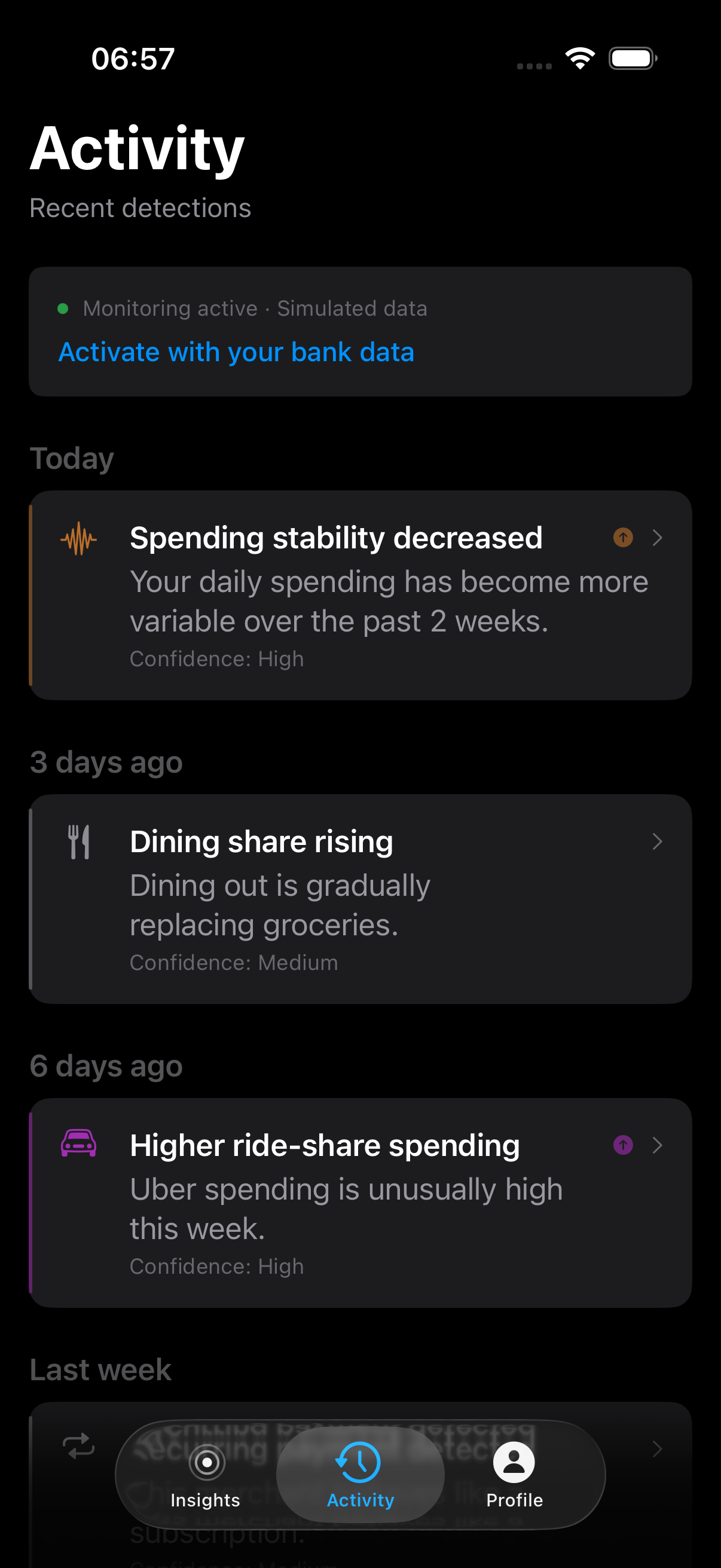 Entropy Money Activity screen showing recent detections timeline