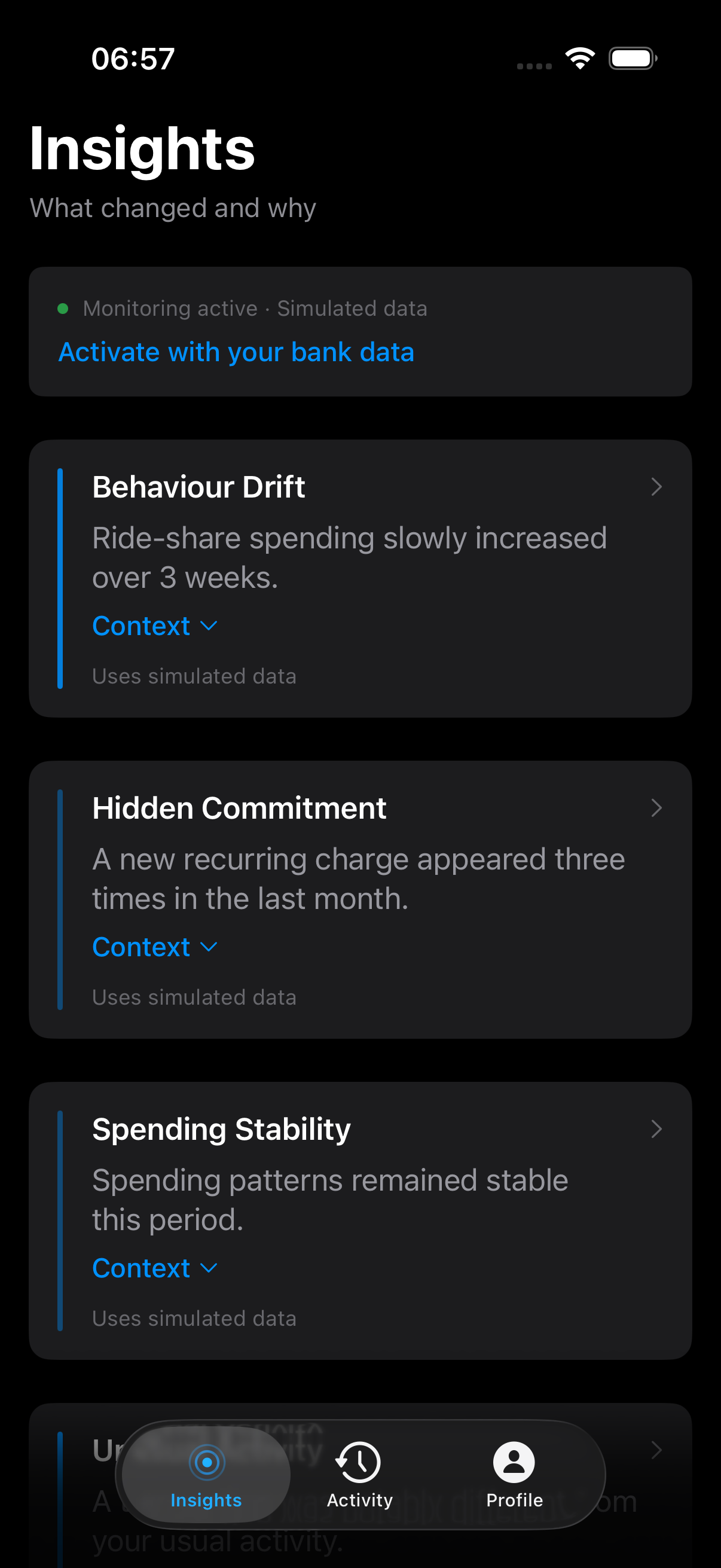 Entropy Money Insights screen showing Behaviour Drift, Hidden Commitment and Spending Stability cards